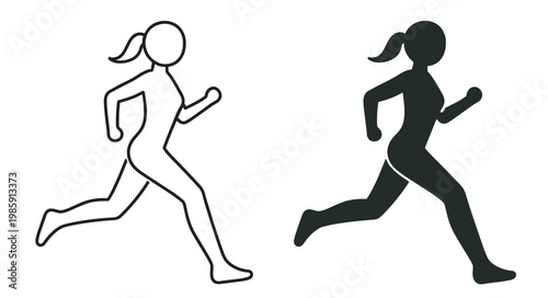 running female silhouette, ponytail woman outline and solid figure, minimalist vector icon set on transparent background