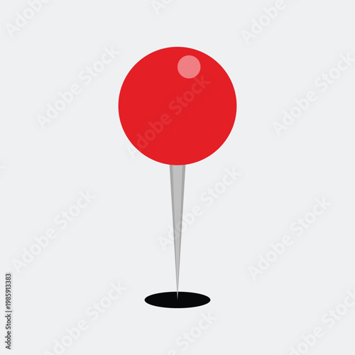 A simple graphic illustration of a red pin with a gray needle and black base on a white background