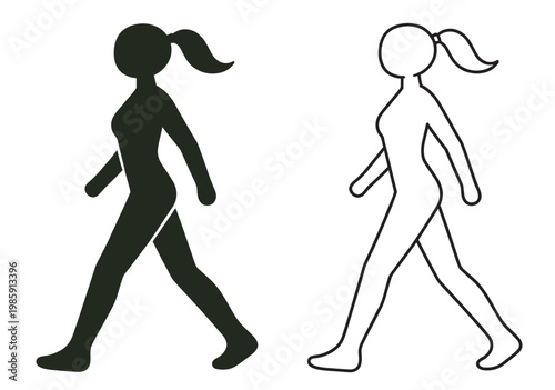 walking female silhouette, ponytail woman outline and solid figure, minimalist vector icon set on transparent background