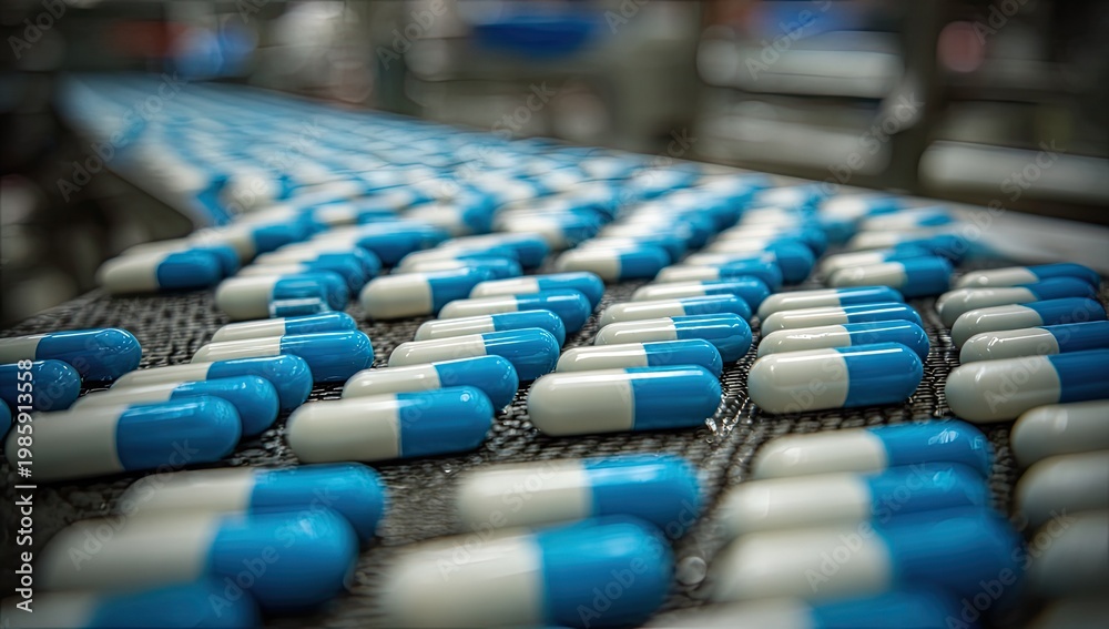 Fototapeta premium Pharmaceutical production line featuring rows of blue and white capsules in focus