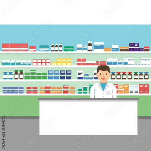 Pharmacist in uniform at counter with shelves full of medicines and healthcare products