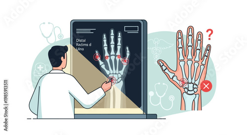 Doctor examining hand x-ray with highlighted joints, comparing healthy and injured bones