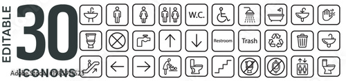 bathroom and restroom icon set, public toilet symbols including wc male female disabled and hygiene facilities, editable vector collection on transparent background