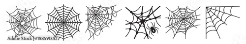 spider web icon set, halloween cobweb silhouettes with radial thread patterns, minimalist vector collection on transparent background