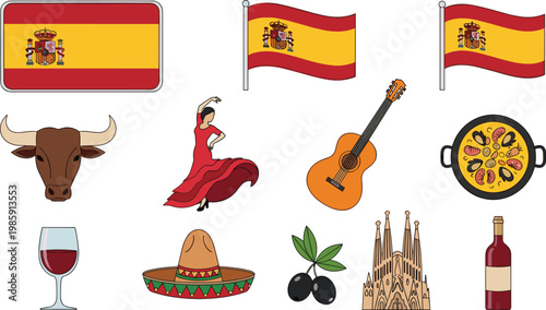 Set of Spanish Culture Icons including Flamenco, Bull, and Famous Landmarks
