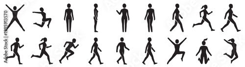 female silhouette icon set, various poses standing walking running jumping and gestures, minimalist vector collection on transparent background