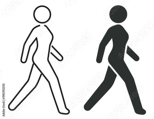 walking female silhouette, side view woman outline and solid figure, minimalist vector icon set on transparent background