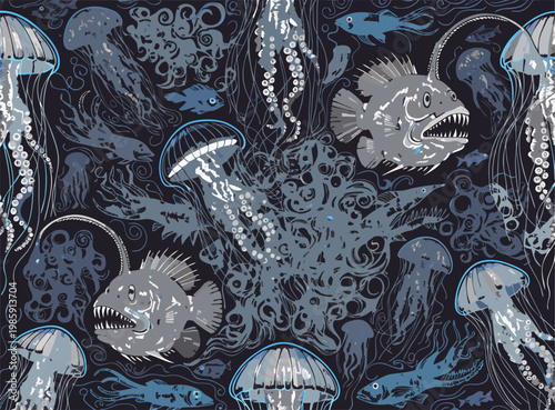 Bioluminescent Deep Sea Creatures with Glowing Jellyfish and Anglerfish, Underwater Marine Illustration