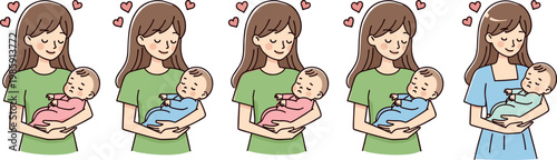 Mother holding sleeping baby vector set with love hearts newborn care and gentle parenting illustration collection