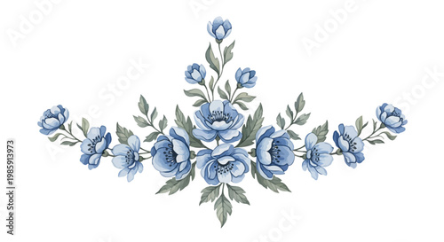 Elegant watercolor floral arrangement of blue flowers leaves and buds on white