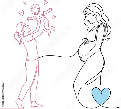 Minimalist One Line Art Illustration of Pregnant Woman and Happy Mother Playing with Baby Child for Maternity Healthcare, Parenting Blogs, and Family Concepts
