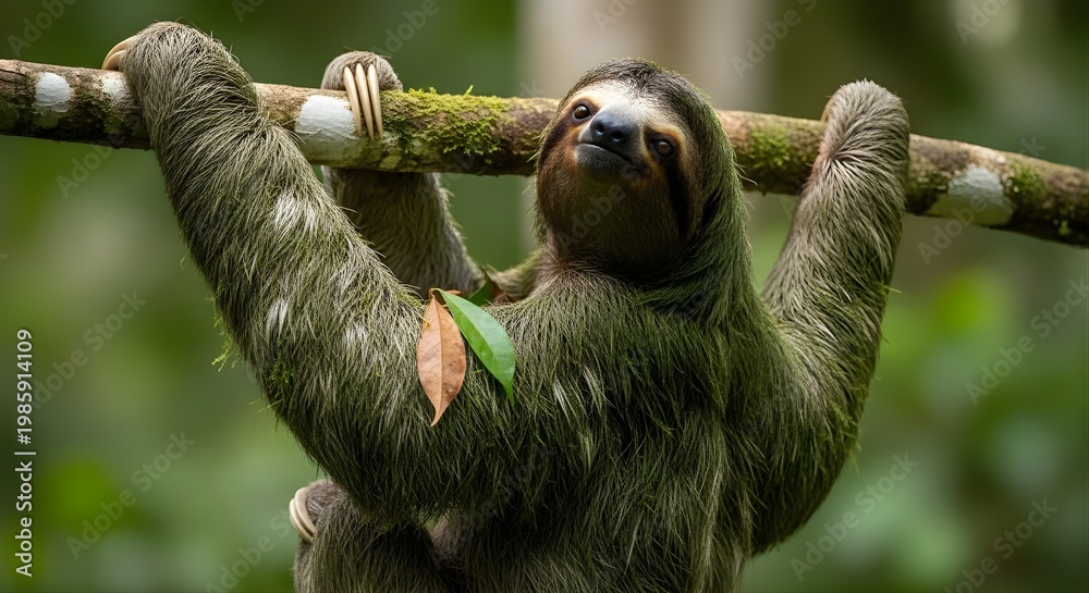 Obraz premium A Three-Toed Sloth Hangs From A Tree Branch In A Lush Green Forest.