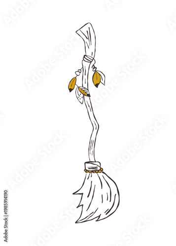 A feathered broomstick. Doodle illustration of a witch’s flying broomstick