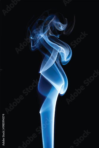 Smooth blue smoke swirls in a wave pattern against a black background, creating a flowing motion of light and artistic curves that resemble magic steam or fire trails