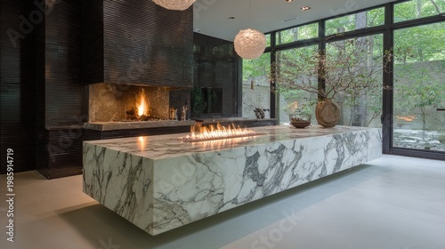Modern luxury interior design with fireplace and marble countertop