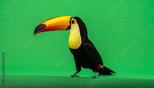 Toucan perched on dark surface against bright green background, vivid orange beak with black tip, white chest, black feathers, tropical bird highlighted by bold contrast.