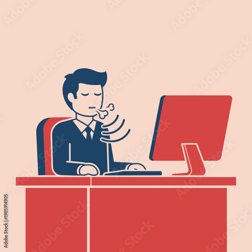 Man at desk sneezing with visible nasal spray and tissue paper.