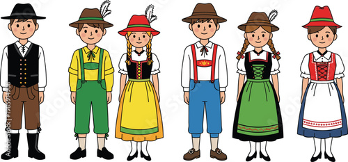 Vector Set of Children in Traditional German and Alpine Costumes, Including Lederhosen and Dirndl, Isolated on White Background for Cultural, Holiday, and Festival Designs