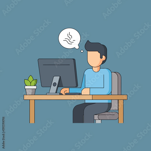 Person working at a desk with a computer, appearing tired or stressed.