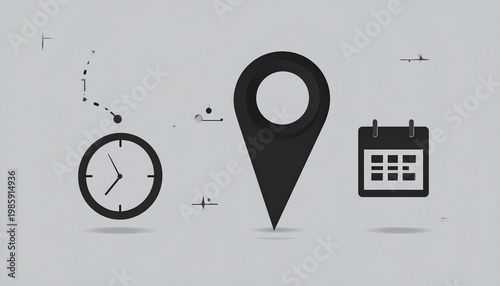 Clock, location pin, and calendar icons on light gray background, dotted path linking them, symbolizing time, place, and scheduling for planning or travel.