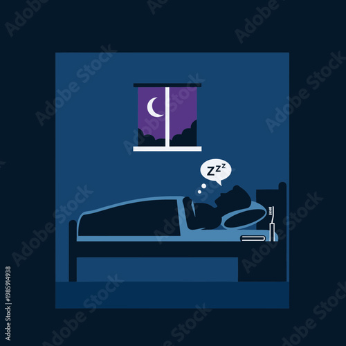 Person sleeping in bed with a window showing night sky and moon.