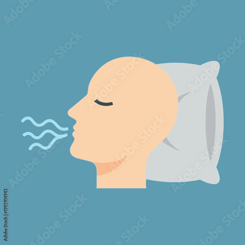 Illustration of a person breathing out while lying on a pillow.