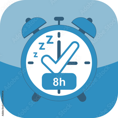 Blue alarm clock with a checkmark and "8h" indicating sleep duration.