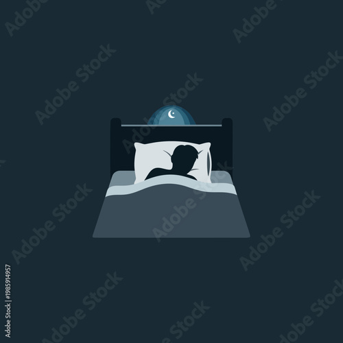 Person sleeping in bed with a night lamp and moon visible through the window.