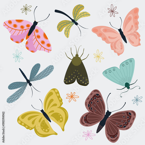 Set of decorative butterflies, dragonflies, and moths in a flat vintage style. Stylized insects with patterns and floral elements. Vector illustration for greeting cards, textile design, and stationer