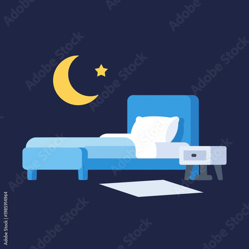 Simplified illustration of a bed with a nightstand under a night sky.