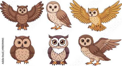 Owl bird vector collection with flying and perched forest owls cute wildlife animal illustration set