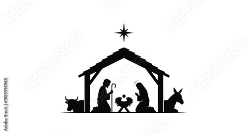 Christmas nativity scene silhouette with Mary, Joseph, baby Jesus, donkey, and cow under starry night sky in simple iconic illustration