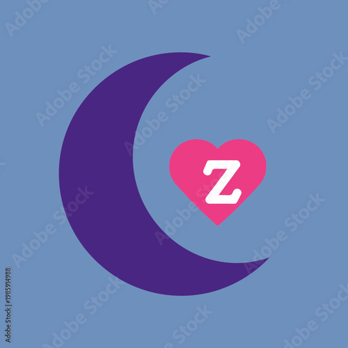 Pink heart with a white "Z" and a purple crescent moon on a blue background.