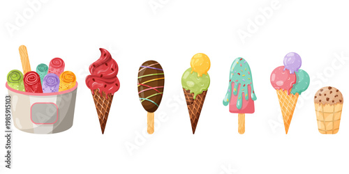 Set of various colorful ice cream desserts, including rolled ice cream, soft serve, popsicles, and scoops in waffle cones. Flat vector illustration isolated on white background.