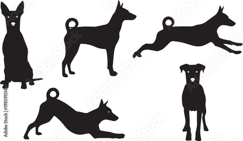 A set of black dog silhouettes in various poses on a white background