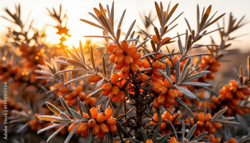 Fototapeta premium a close-up of sea buckthorn plants adorned with vibrant orange berries. The orange berries stand out against the frosty background at sunrise.
