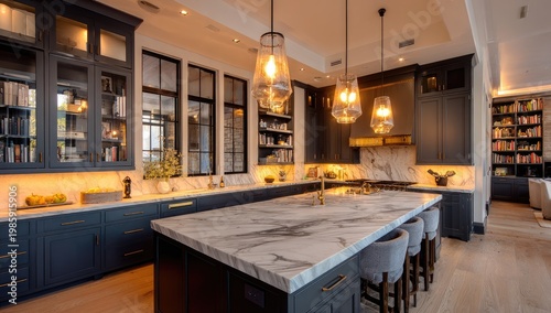 Modern kitchen interior design with island and overhead lighting