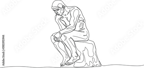 Minimalist One Line Drawing of Thinking Man Statue for Philosophy Concepts, Mental Health Awareness, Deep Reflection, Meditation, and Intellectual Problem Solving Illustrations