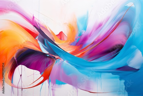 Dynamic abstract painting showing vibrant fluid colors flowing and blending creating a modern art background