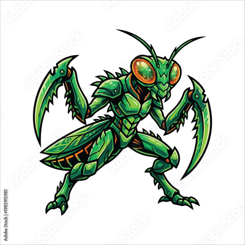 Vibrant green stylized praying mantis vector illustration in an aggressive hunter pose, showcasing detailed insect warrior design with sharp claws and powerful stance