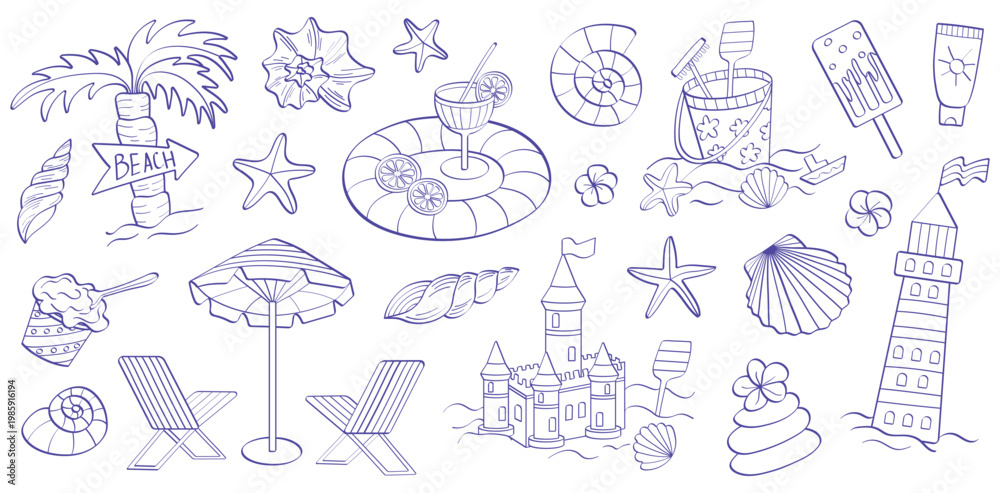 Fototapeta premium Summer Beach Doodle Vector Set, Hand Drawn Tropical Line Art Icons Collection, Seashell Starfish Sandcastle Umbrella Chair Cocktail Ice Cream Outline Elements Pack