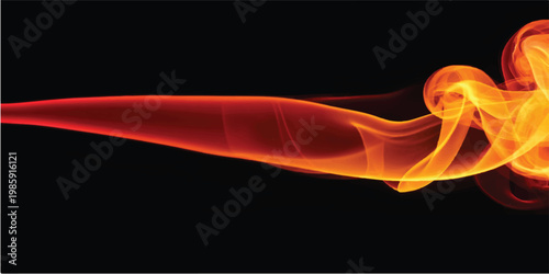 An abstract design of glowing red and orange fire flames with smooth smoke waves and swirling motion lines creating a dark fractal pattern on a black background