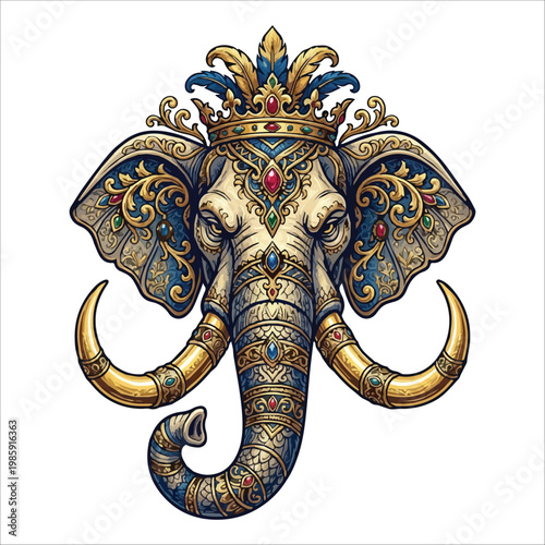 Majestic Indian Elephant adorned with an ornate crown, showcasing intricate details and vibrant colors, embodying regal splendor and cultural richness