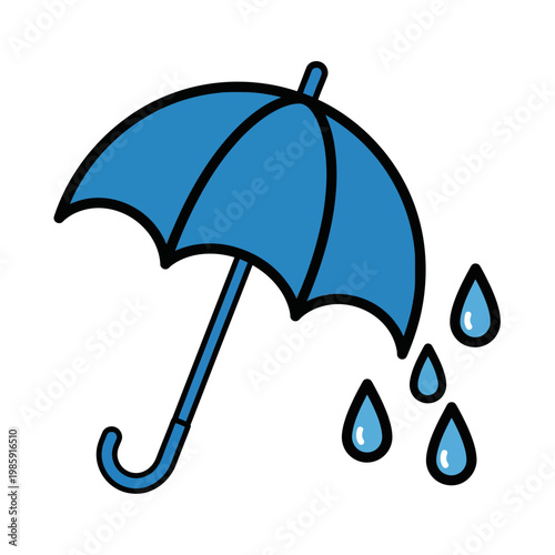 Blue umbrella with raindrops falling.