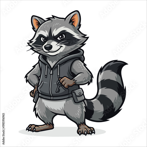 Cool Raccoon Cartoon Character Wearing a Hoodie and Belt Pouch, Standing Confidently with Hands on Hips