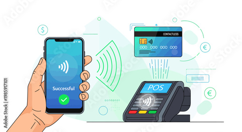 Hand holding smartphone making a successful contactless mobile payment