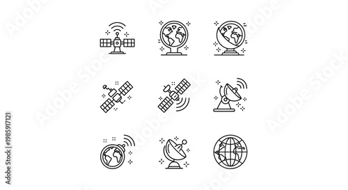 Satellite and global communication icons set in thin line style