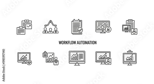 Set of business workflow and project management icons on white background