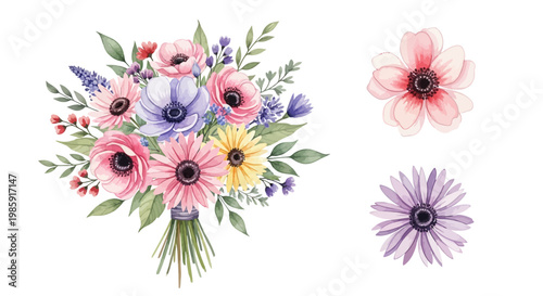 Watercolor floral bouquet with separate flowers illustration for various uses