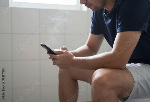 man sitting on the toilet with a smartphone, bathroom tiles, morning light, slight steam